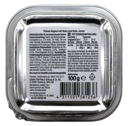 Herzstücke Feines Ragout Junior mit Huhn & Kalb Katzenfutter, 16 x 100g Schale