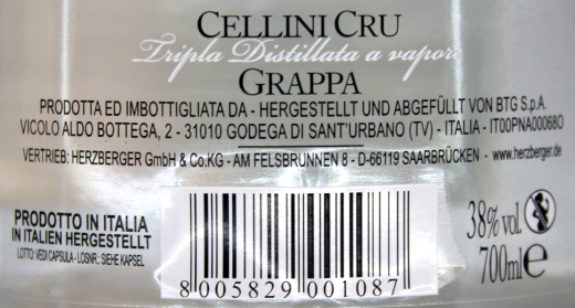 Grappa Cellini Cru 38% vol., 6 x 0.7 l Flasche