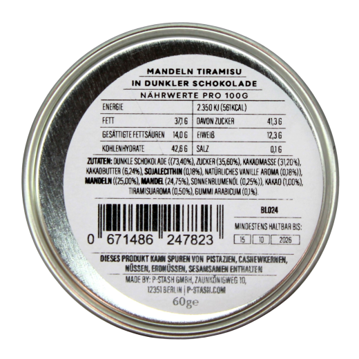 P-Stash Mandeln mit dunkler Schokolade und Tiramisugeschmack, 6 x 60g Dose