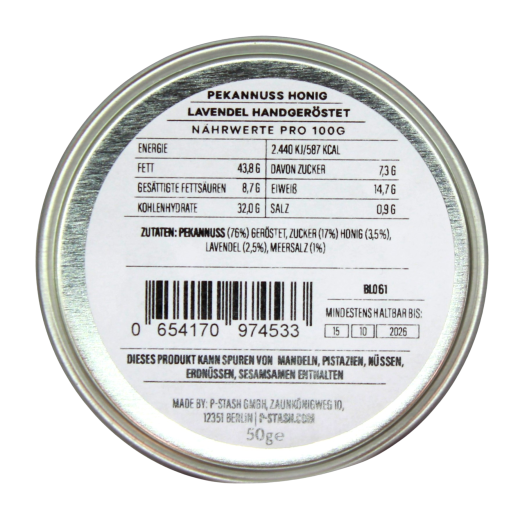 P-Stash Pekannüsse mit Lavendel und Honig, 12 x 50g Dose