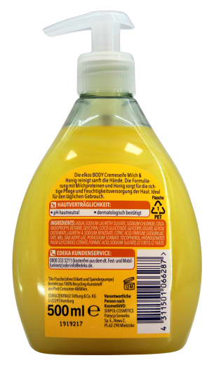 elkos Body Milch & Honig Cremeseife, 8 x 500ml Flasche