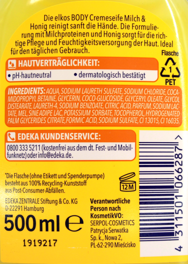 elkos Body Milch & Honig Cremeseife, 8 x 500ml Flasche