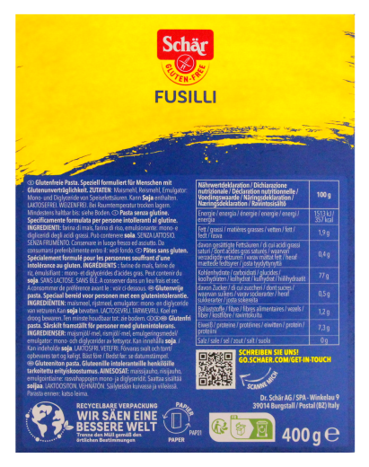 Schär Fusilli Gluten-Free Pasta, 6 x 400g Packung