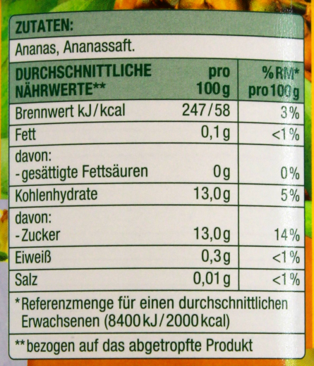 Gut & Günstig Ananas-Stücke in eigenem Saft, 6 x 340g Dose