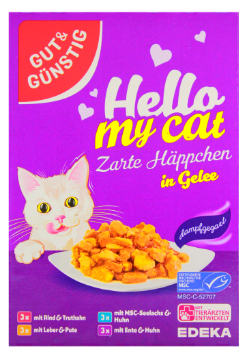 Gut & Günstig Hello my Cat Zarte Häppchen in Geele 4 Sorten Katzenfutter, 4 x 1.2 kg Packung