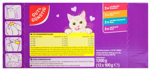 Gut & Günstig Hello my Cat Zarte Häppchen in Geele 4 Sorten Katzenfutter, 4 x 1.2 kg Packung