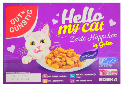 Gut & Günstig Hello my Cat Zarte Häppchen in Geele 4 Sorten Katzenfutter, 4 x 1.2 kg Packung