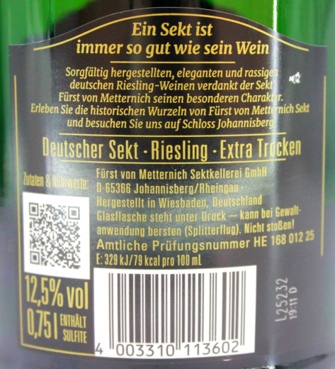 Fürst von Metternich Riesling Sekt extra trocken, 6 x 0.75 l Flasche