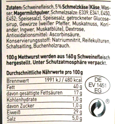 Glocken-Beune XXL Mettwurst Schmelzkäse, 11 x 100g Packung