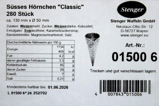 Stenger süsses Hörnchen Eiswaffel Classic, 1 Karton à 280 Stück