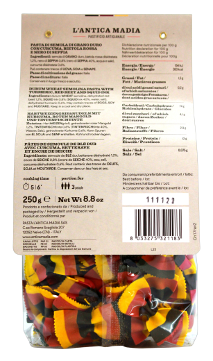 L'antica Madia Farfalle curcuma, bietola rossa e nero di seppia Pasta, 4 x 250g Beutel