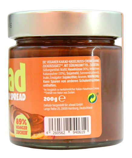 ahead crazy Hazel vegane Kakao-Haselnusscreme ohne Zuckerzusatz, 3 x 200g Glas