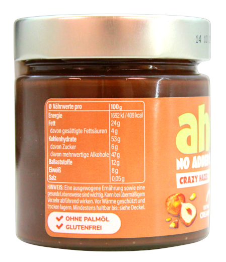 ahead crazy Hazel vegane Kakao-Haselnusscreme ohne Zuckerzusatz, 3 x 200g Glas