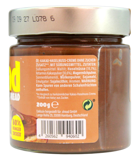 ahead Crazy Hazel Kakao-Haselnuss-Creme ohne Zuckerzusatz, 3 x 200g Glas