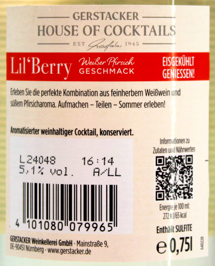 Gerstacker Lil`Berry weißer Pfirsich 5,1% vol., 6 x 0.75 l Flasche
