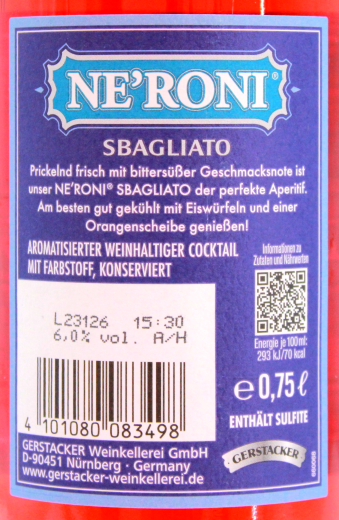 Gerstacker NE`RONI Sbagliato Aperitif 6% vol., 6er Pack (6 x 0.75 l)