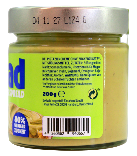 ahead Crazy Pistachio-Creme ohne Zuckerzusatz, 3 x 200g Glas