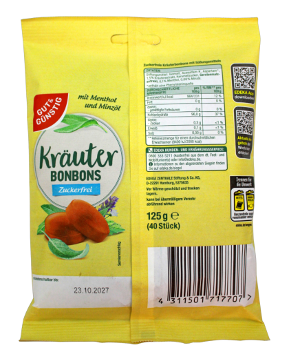 Gut & Günstig Kräuterbonbons mit Menthol und Minzöl zuckerfrei, 14 x 125g Beutel