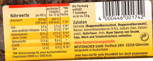 Mestemacher Sonnenkern Roggenvollkornbrot 9 x 500g Packungen