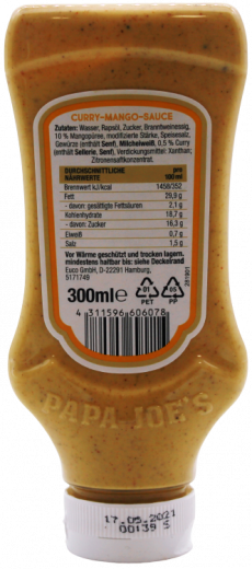 Papa Joe`s Curry-Mango Sauce 4 x 300ml Tuben