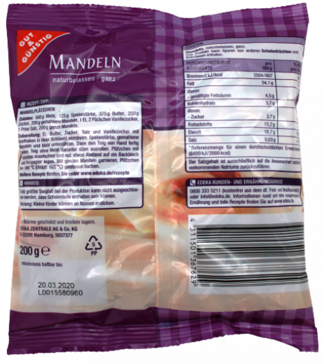 Gut & Günstig Ganze Mandeln naturbelassen, 5 x 200g Tüten