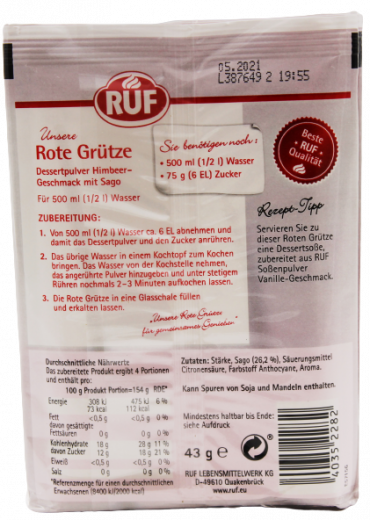 RUF Unsere Rote Grütze Himbeer mit Sago 5 x 129g Packungen