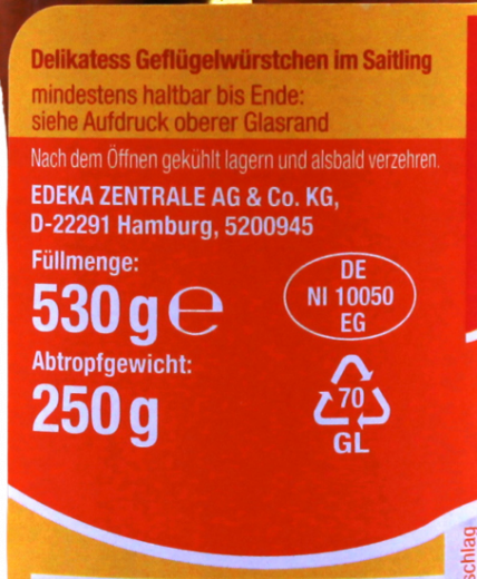 Gut & Günstig Delikatess Geflügel Würstchen 6 x 250g Gläser