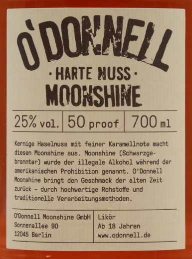 O'Donnell Moonshine Harte Nuss 25% vol., 1 x 700ml Glas