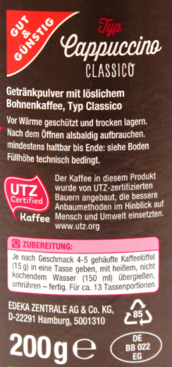 Gut & Günstig Cappuccino Classico, 4 x 200g Dosen