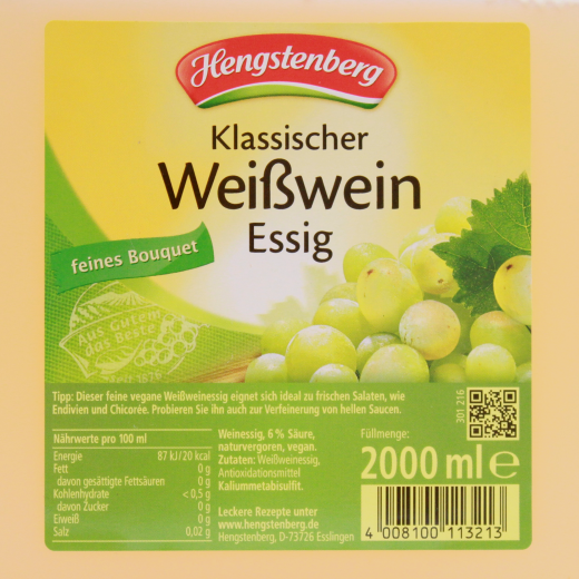 Hengstenberg Klassischer Weißwein Essig, 1 x 2000 ml Kanister