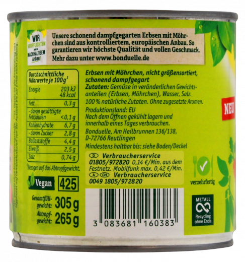 Bonduelle Erbsen & Möhrchen Dampfgegart, 6 x 265g Dosen