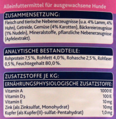 Edeka Feine Mahlzeit mit Lamm & Huhn, Nudeln und Karotten Hundefutter, 10 x 400g Dosen