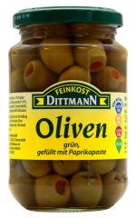 Feinkost Dittmann grüne Oliven gefüllt mit Paprikapaste, 6 x 330g Glas