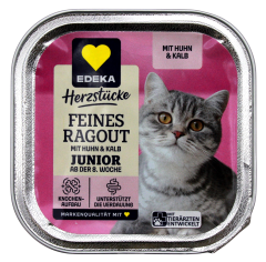 Herzstücke Feines Ragout Junior mit Huhn & Kalb Katzenfutter, 16 x 100g Schale